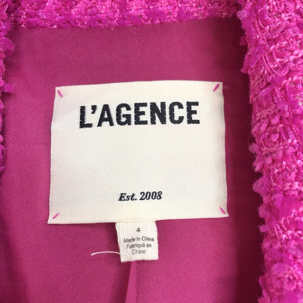 L'AGENCE Hot Pink Tweed Double-Breasted Blazer with Orange Trim - Picture 2 of 13